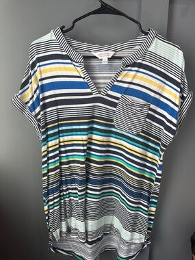 Liz Claiborne Striped V-Neck Tee in Black, Blue, Yellow, Green, Teal, White